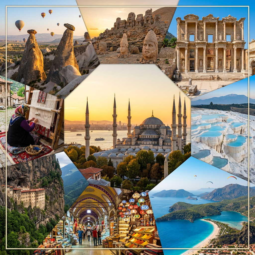 Şuan ki görsel: Collage of Turkey's landmarks including Blue Mosque, hot air balloons over Cappadocia, ancient ruins, markets, Pamukkale terraces, and coastal landscapes.